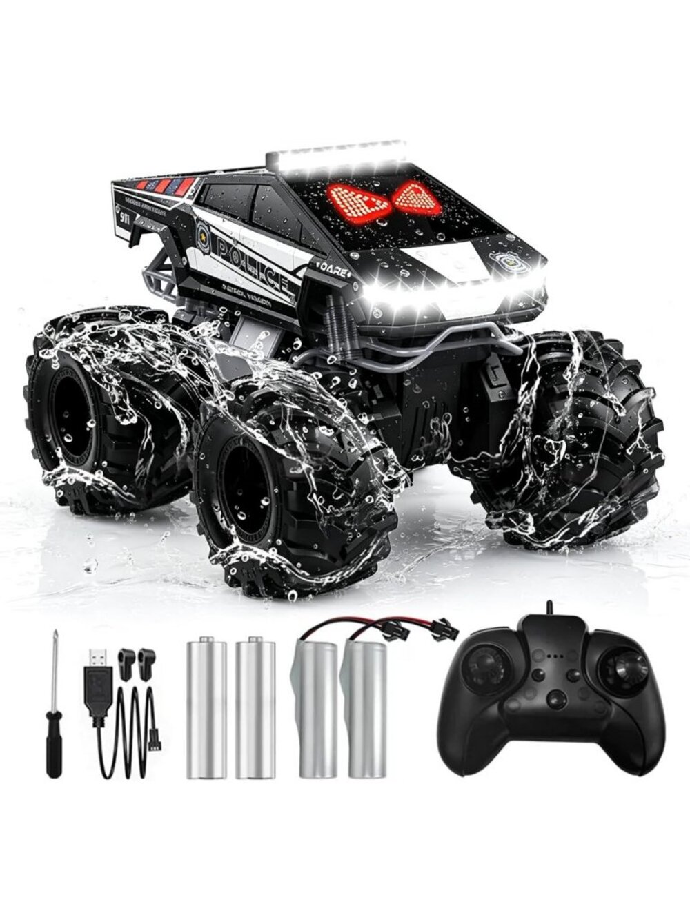 Amphibious Remote Control Car with LED Eyes, 4WD All-Terrain Toy for Kids 6-12
